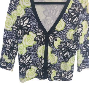 Ann Taylor Petites Floral Cotton Sweater Navy Lime Green 3/4 Sleeve MP Casual